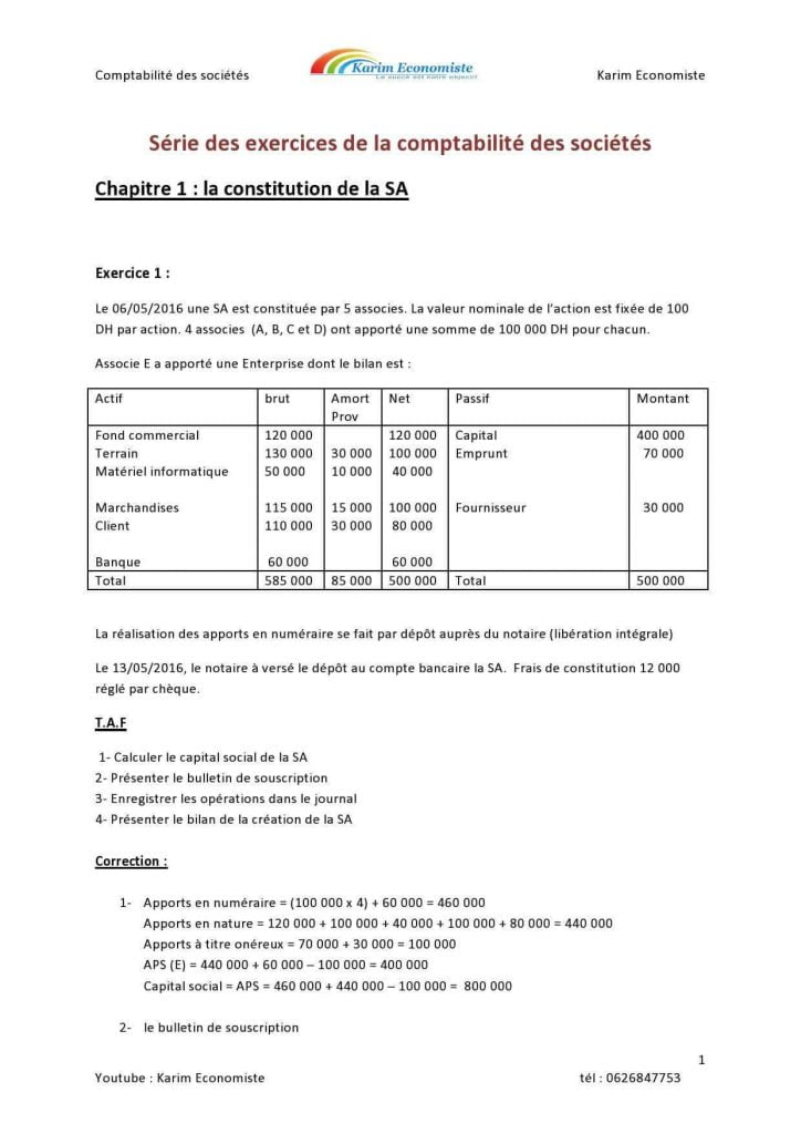 Série des exercices de Comptabilité des sociétes avec Correction ...